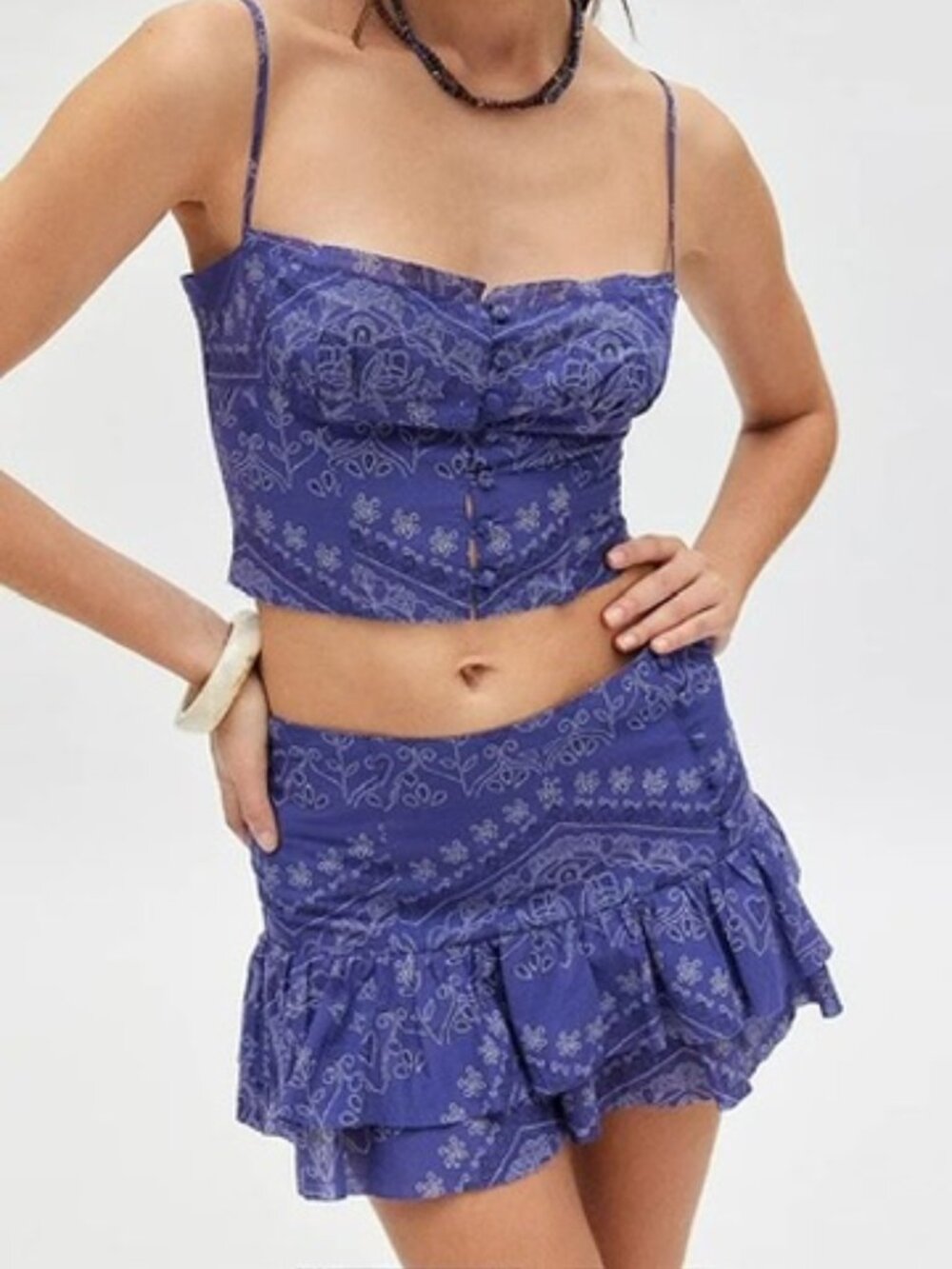 Kimchi Blue Eloise Crop Top & Mini Skirt Set NWT Blue Size Large